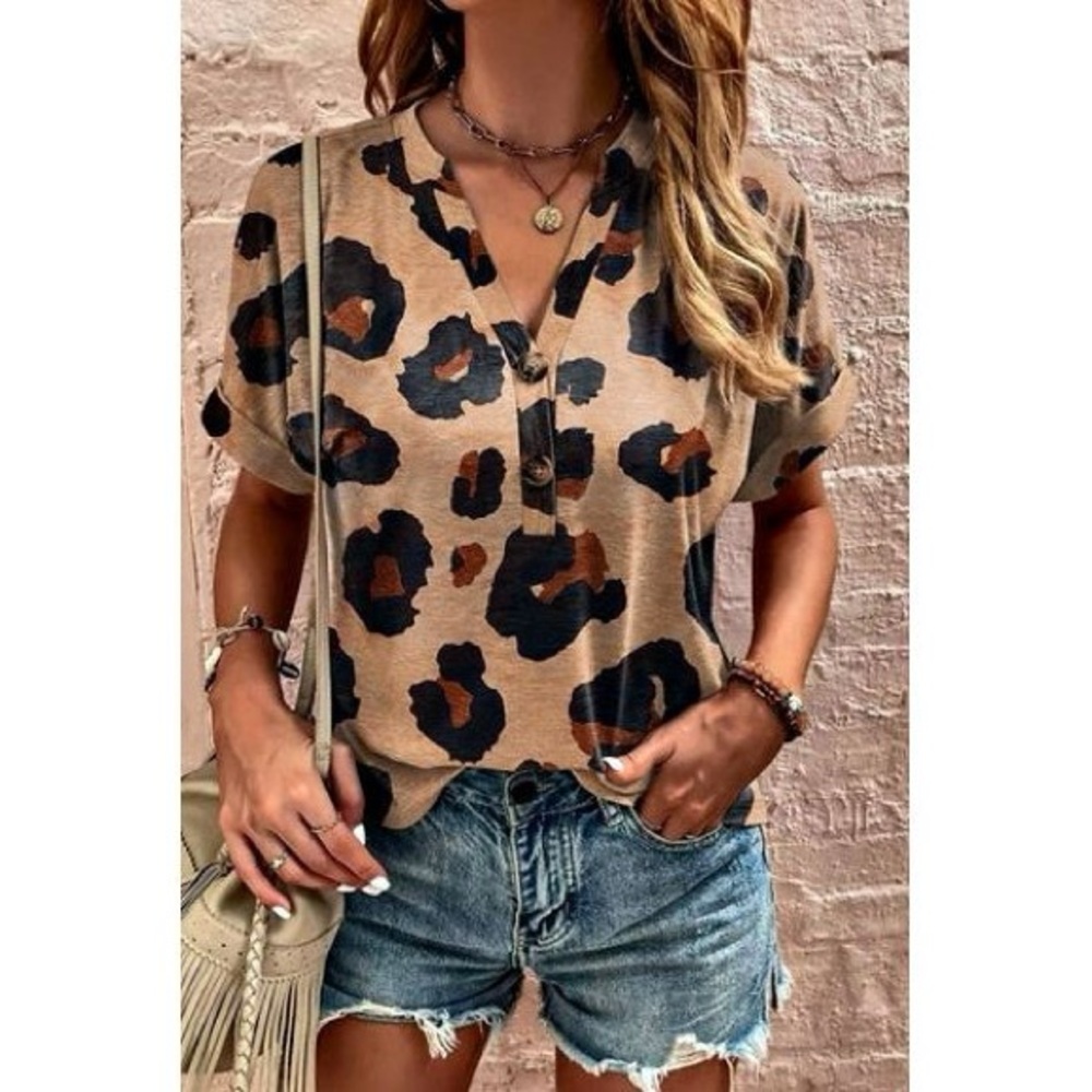 BRAND NEW WITH TAGS French Beige Leopard Print V-Neck Henley Top